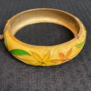 Vintage Cloisonne Bangle Bracelet Hinged Brass Heated Enamel‎ Floral Asian Art